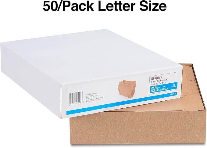 Staples Reinforced Fastener Folder, Letter Size, Kraft Pressboard, Durable Construction, 50/Box
