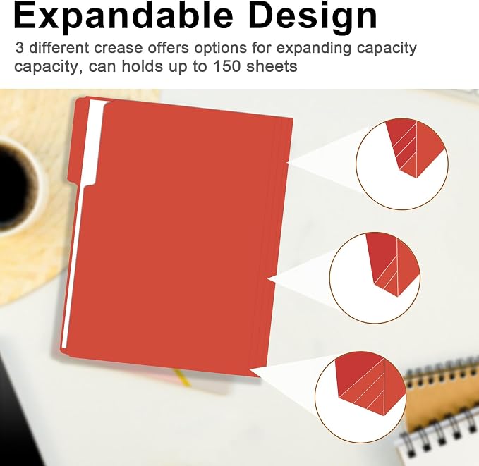 File Folder, RAZCC 150 Pack 1/3 Cut Tab File Folders Letter Size, Red, Folders, Folders with Tab, Great for Organizing and Easy File Storage