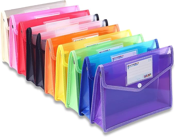 Plastic File Folder A4 Size Expandable Poly Envelopes Waterproof Transparent File Pouch with Snap Closure & Label Pocket Assorted Colors for School Organization