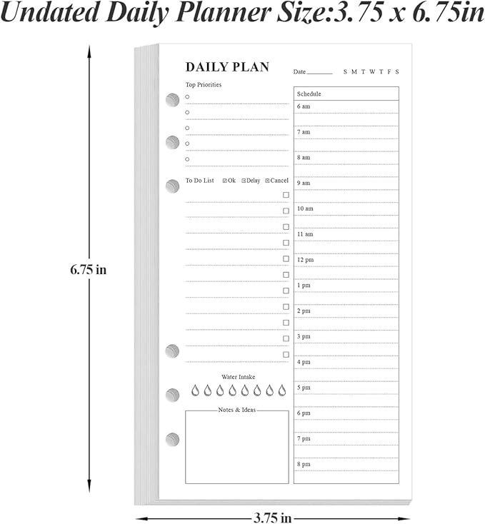 (2-Pack) A6 Undated Daily Planner Refill - To Do List for Filofax Personal Binders, 160 Sheets/320 Pages Planner and Lined Refill, 6-Hole Punched, 3.75" x 6.75"