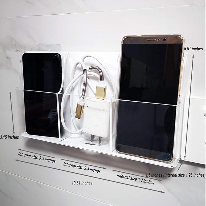 Acrylic Cell Phone Storage Holder Wall Mount TV Remote Control Media Storage Box Organizer White Back 3 Slots