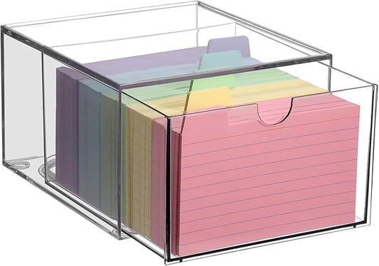 BTSKY Clear 3 x 5 Inch Index Card Storage Drawer Plastic Index Card Box for Office Desk Notecard Box Recipe Flashcards Holder , Recipe Notecard Storage Box Photo Holder Organizer