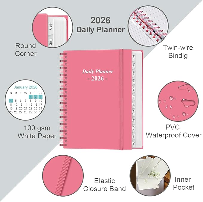 Daily Planner 2026 Full Page Per Day- 2026 Daily & Monthly Planner from January 2026 to December 2026, Day Planner 2026 with 12 Months Tabs, 8.5" x 11", Pink
