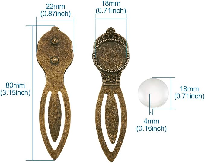 FASHEWELRY 5 Sets Antique Bronze Bookmark Pendant Tray Kit Include 18mm Round Blank Bezel Base Setting Charms with 10Pcs Clear Glass Dome Tiles Cabochons