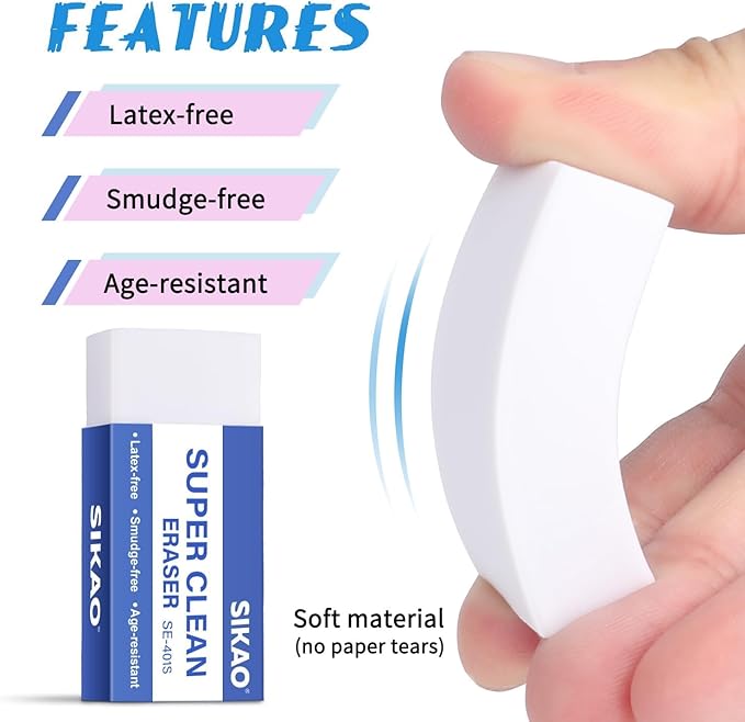 White Erasers, 12 Pack Block Pencil Erasers – Smudge-Free Latex-Free, Erasers for Kids School Supplies, Clean Erase for Homework, Office & Drawing (Art Use)