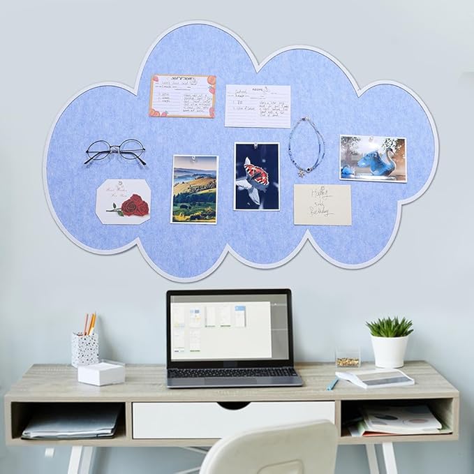 1Pcs Cute Bulletin Board for Walls, 35.4x23.6Inch Cloud Felt Pin Boards Self-Adhesive Vision Boards Decorative Pin Board for Wall Office Home Photos Memos Messages(Blue)
