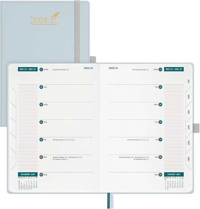 BEZEND Weekly Planner 2026-2027 (6" x 8.5") 2-Column Dual Schedule for Work/School/Home or 2 Person (Jul 26-Dec 27) 18 Months Academic Calendar with Tabs, PU Leather Hardcover -Dutch Blue