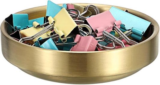 BTSKY 1 Pack Flat Golden Paper Clip Holder, Stackable Desk Organizer Metal Storage Bowl for Small Office Supplies Paper Clips & Tiny Parts, Cute Round Jewelry Storage for Office Bathroom Vanity