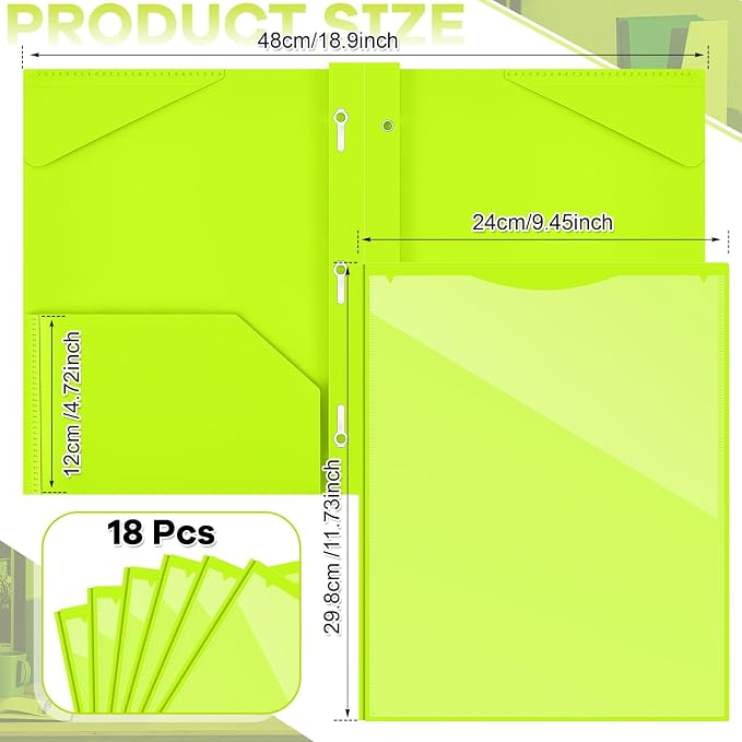 Henoyso 18 Pcs Plastic Folder with Clear Front Pocket and 3 Prong Plastic Folders with Card Slot Pocket Folders with Prongs for School Office (Fluorescent Green)