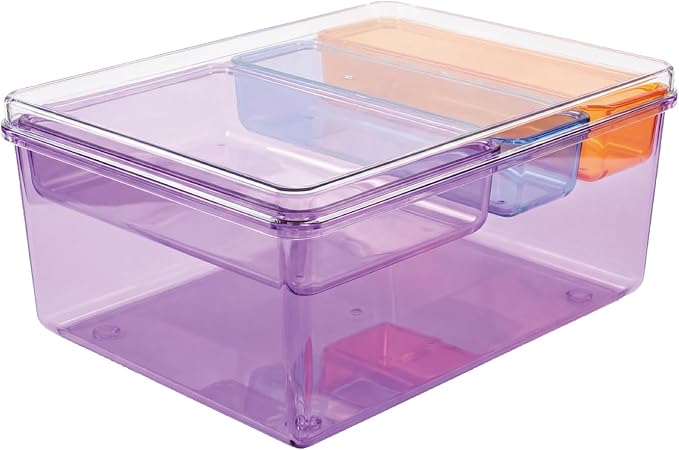 MOSSRIVER 4 Pack Clear Drawer Organizer Set, Plastic Desk Organizer Bin with Lid & Trays, Colorful Storage Box with Removable Trays for Cosmetics, Jewelry, Bedroom, Bathroom, Office, Combo 07