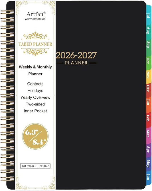 2026-2027 Planner - Planner/Calendar 2026-2027, Jul. 2026 - Jun. 2027, Weekly & Monthly with Tabs, 6.3" x 8.4", Back Pocket + Twin-Wire Binding - Mystic Black