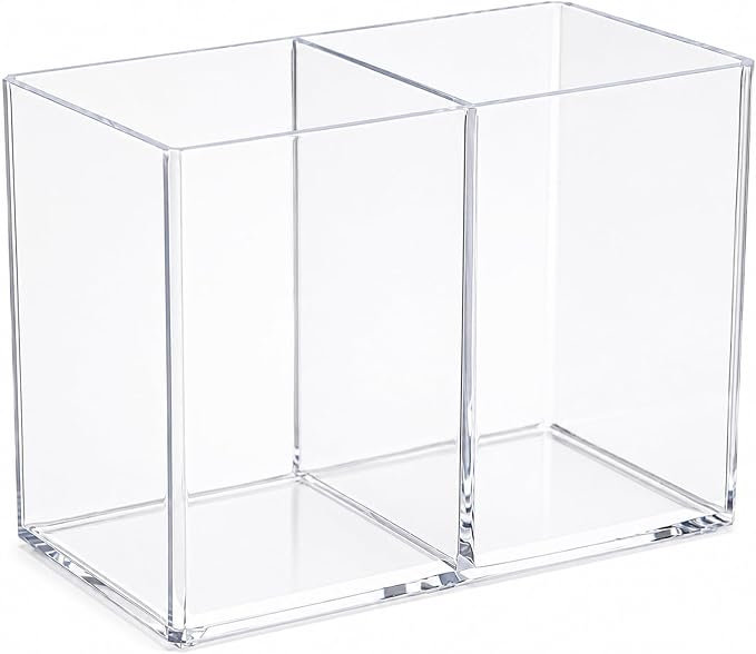 Acrylic Pen Holder for Desk, Clear, 2 Compartments | Countertop Desk Accessory Storage, Makeup Brush Organizer