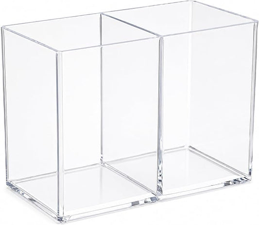 Acrylic Pen Holder for Desk, Clear, 2 Compartments | Countertop Desk Accessory Storage, Makeup Brush Organizer