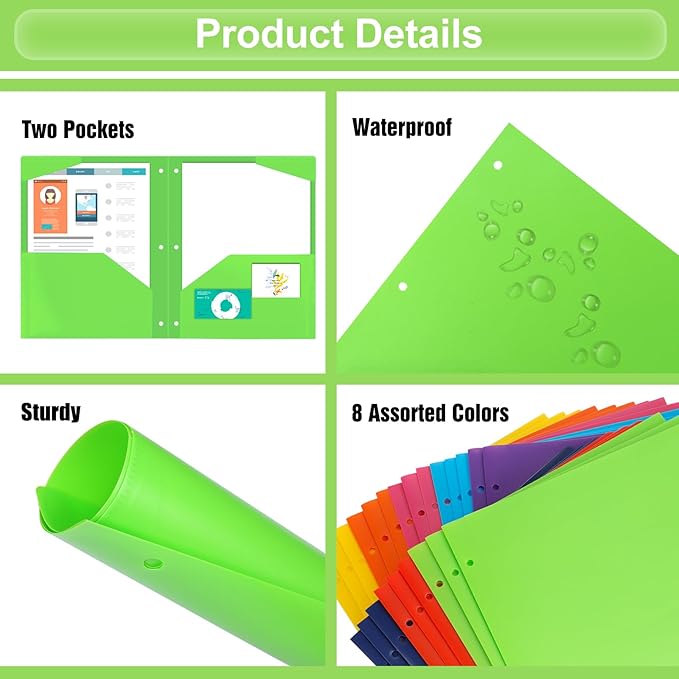 EOOUT Plastic Folders 24pcs with Pockets 3 Hole Punched for 3 Ring Binder Poly Pocket Folders with 2 Pockets 8 Assorted Colors Heavy Duty File Folders for School and Office Letter Size