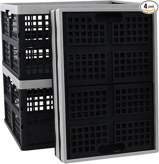 4-pack 42 Liter Collapsible Crates, Large Plastic Folding Storage Crates Bins