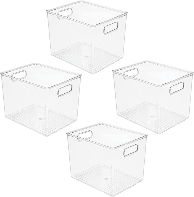 mDesign Tall Deep Rectangular Plastic Office Supplies Storage Organizer Bin with Carrying Handles - Pads, Pens, Pencils, Dry Erase Markers, Highlighters, Sticky Notes, Ligne Collection, 4 Pack, Clear