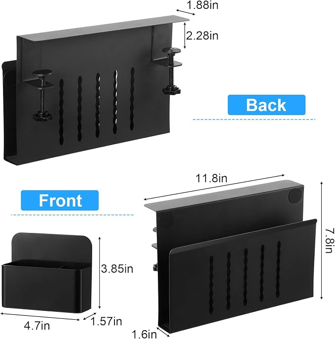 Desk Side Storage, No Drill Laptop Holder with Magnetic Pen Organizer, Clamp On Under Desk Mount for Home Office, Fits Flat Edge Tables 0.3" to 2.8"