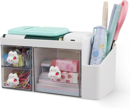 Desk Organizer with Pencil Holder and 3 Drawers, Desk Accessories Holder for Desk, Desktop Stationery Organizer for Office Home School Dressing Table(Rabbit Handle)