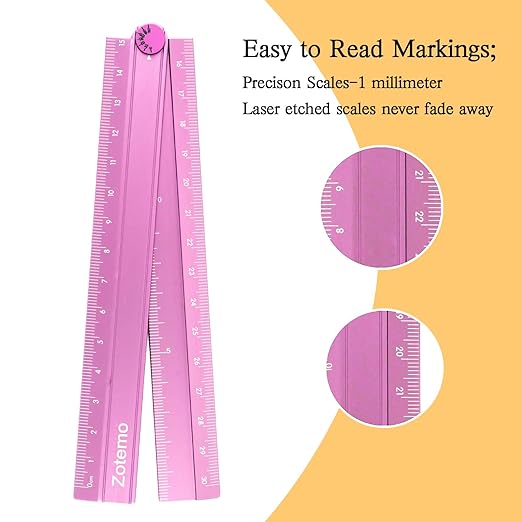 2-in-1 Foldable Metal Ruler & Protractor -15cm Compact to 30cm Extended, Precision Laser Etched Metric Scale, Aluminum Folding Small Ruler for Planner Journaling Drafting Drawing (Pink)