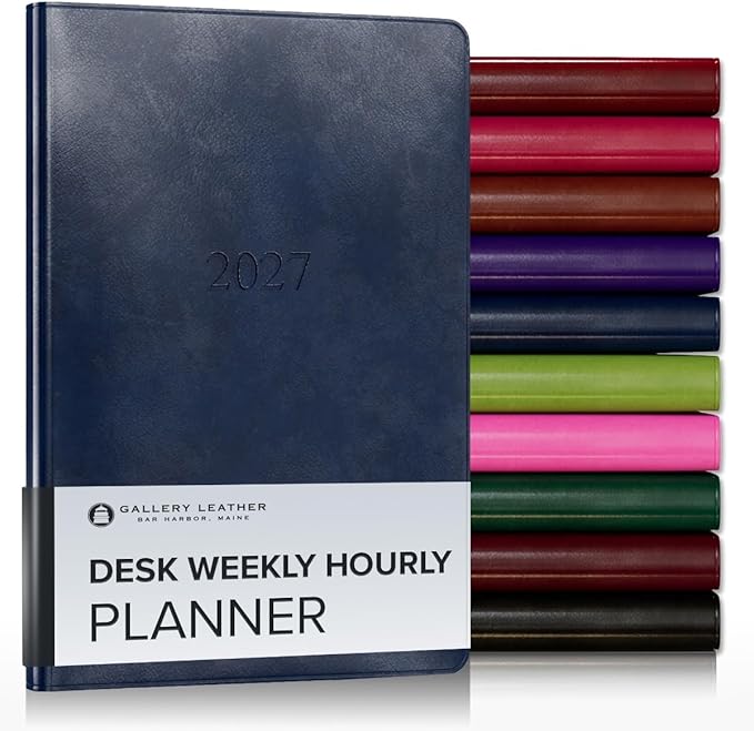 Gallery Leather Desk Hourly Weekly Monthly Planner 2027, Elegantly Bound Calendar Planner and Notebook with Stylish Gold-Gilded Page Edges, 12 Months - Acadia Navy - 8x5.5"