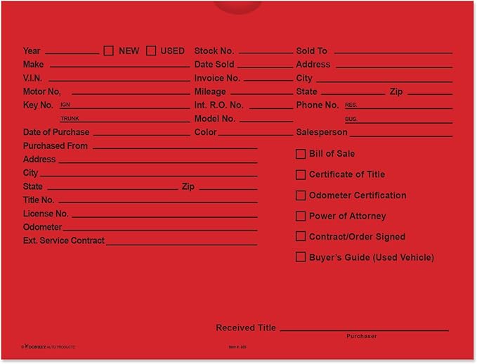 Printed Vehicle Deal Envelopes 9x12 Deal Jackets (100 shrink wrapped) (Red)