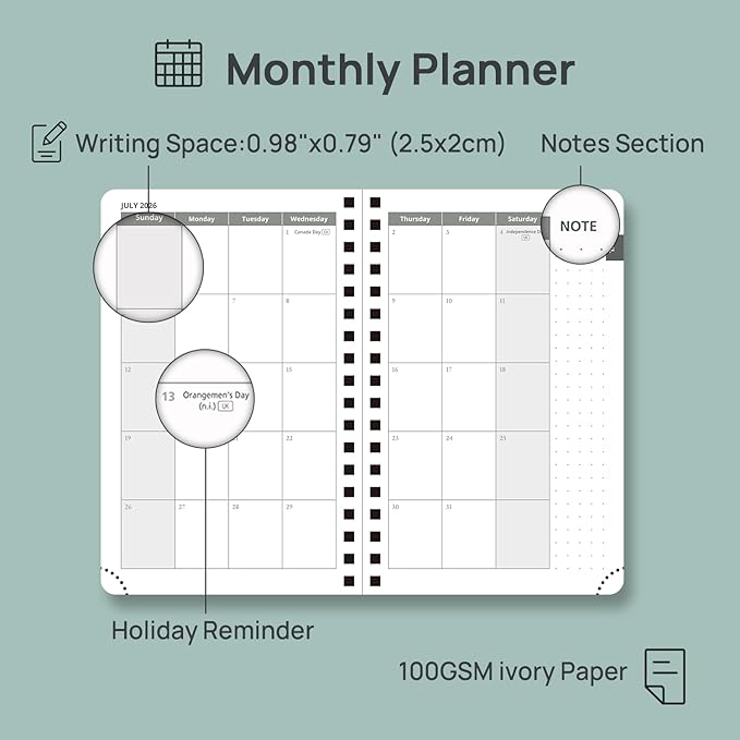 POPRUN 2026-2027 Academic Small Weekly Planner, 4" x 6.25" Pocket Calendar for purse, Horizontal Daily Calendar from July 2026 to June 2027, Softcover Appionment Book with Monthly Tabs, Spiral Bound, Inner-Pocket - Orange