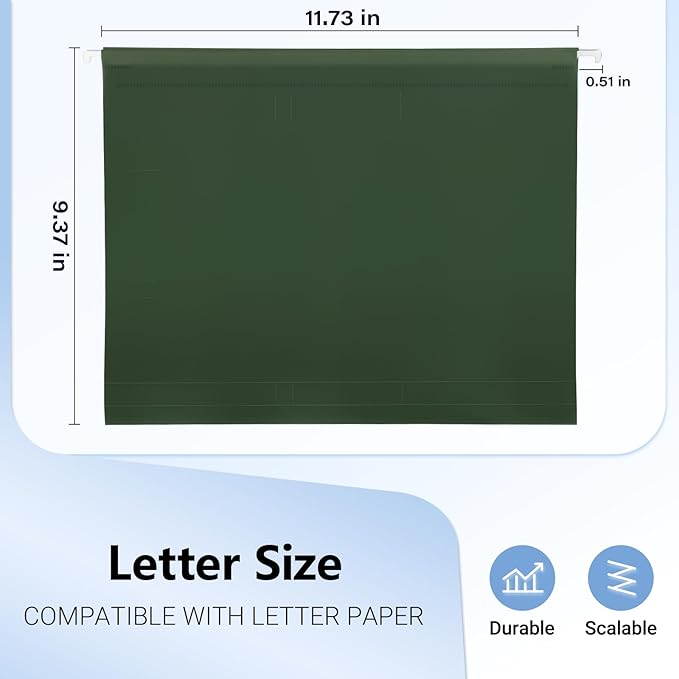 Plastic Hanging File Folders, 6 Pack Olive Hanging Folders，Letter Size with 1/5-Cut Tabs, Strong for Bulk Files, Documents and Paper, Office & Home Filing