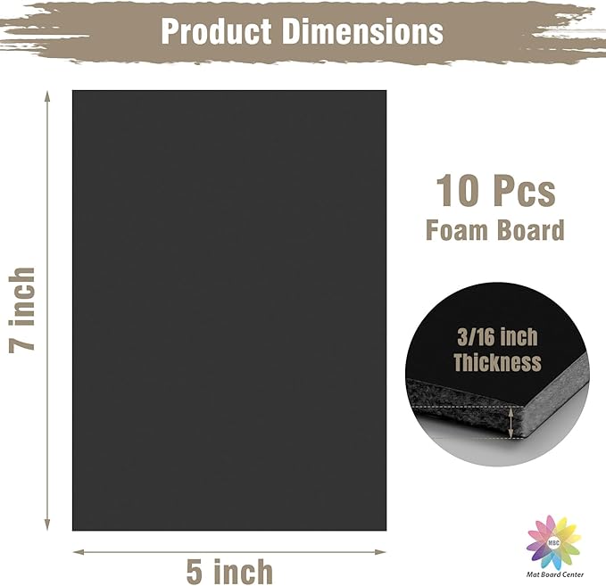 Mat Board Center, Pack of 10 Acid-Free Foam Boards, 5x7 inch Black Foam Boards, 3/16" Thick