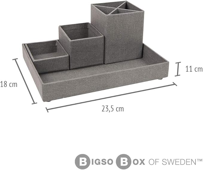 Bigso Box of Sweden Desk Storage Organiser for Stationery - Pen Holder with 4 Compartments for Various Office Items - Fibreboard and Paper Stationery Storage - Grey