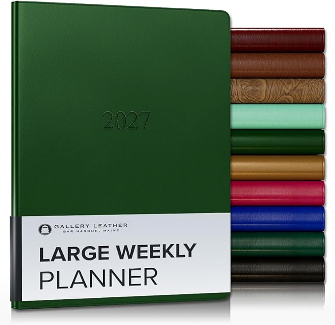 Gallery Leather Large Weekly Monthly Planner 2027, Elegantly Bound Calendar Planner and Notebook with Stylish Gold-Gilded Page Edges, 12 Months - Freeport Metallic Hunter - 9.75x7.5"