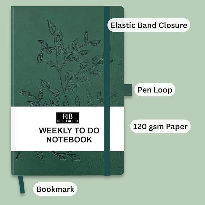 RICCO BELLO Undated Weekly Planner To Do Notebook | Faux Leather Hardcover, for Work, School, Home with Pen Holder, Bookmark, Band Closure, Storage Pocket, 5.7 x 8.4 Inches (Green Leaves)