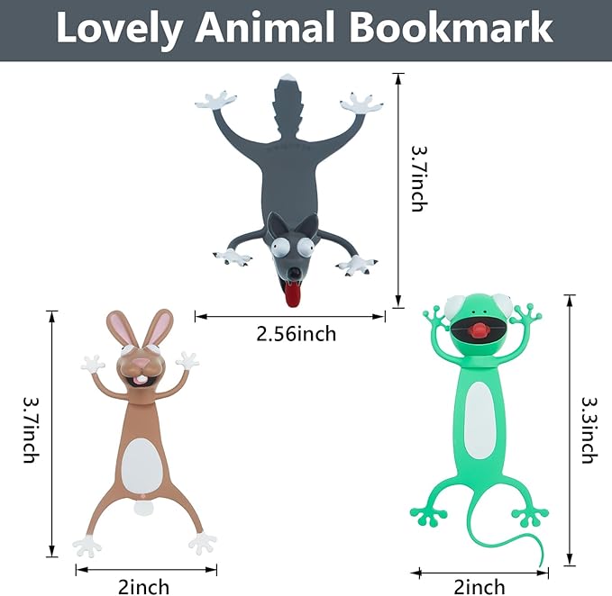 3 Pieces 3D Cartoon Animal Bookmark Wacky Animal Cute Squashed Bookmarks Set, Reading Presents, Party Favors