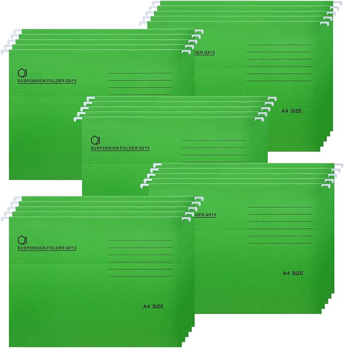 A4 Hanging File Folders, 25 Pcs Recycled Card File Folders for Filing Cabinet with Tabs and Card Inserts, Hanging Files Storage Folders for Office and School, Green