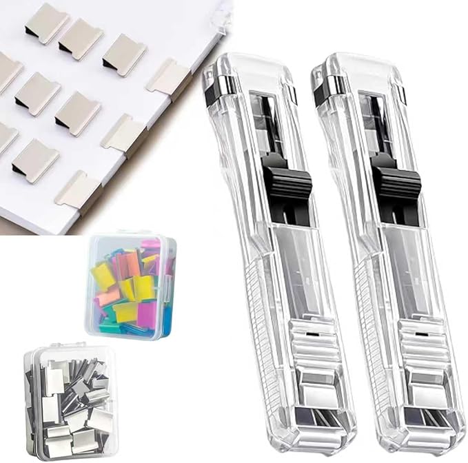 Portable Binder Clip Stapler - Includes 50 Reusable Clips Desktop Push Stapler Binder Clip Paper Clamps Handheld Reusable Push Paper Dispenser for Document School Office (2PCS I)