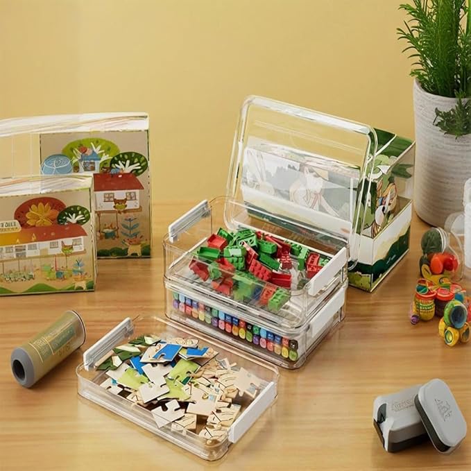 2 Pcs Plastic Portable Project Case, Clear Stackable Storage Boxes Organizer for A4 Files, Scrapbooks, Art Supplies (‎Blue Latch, Large)