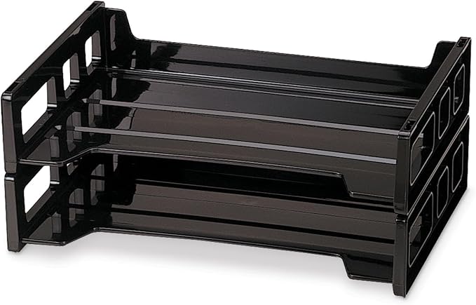 Stackable Desk Tray Organizer Black - Plastic Paper Tray for Letter Size Documents, Desktop File Organizer with 2 Sections, Home, Office, School Desk Paper Organizer - Pack of 2