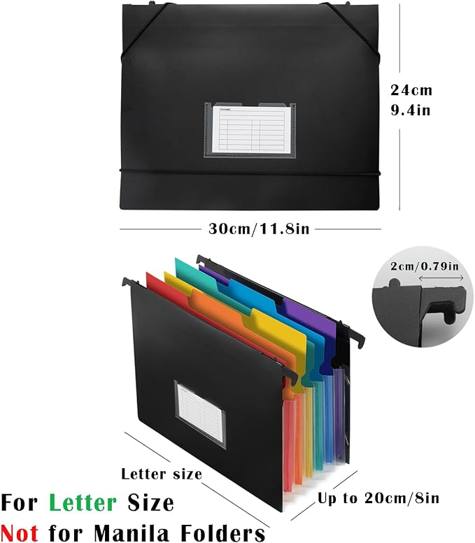 7-Pockets Hanging File Folder with Retractable Hooks for Filing Cabinet, Letter Size Expandable Accordion File Organizer with Elastic Band for File Frame or On-The-Go Use (3 Pack)