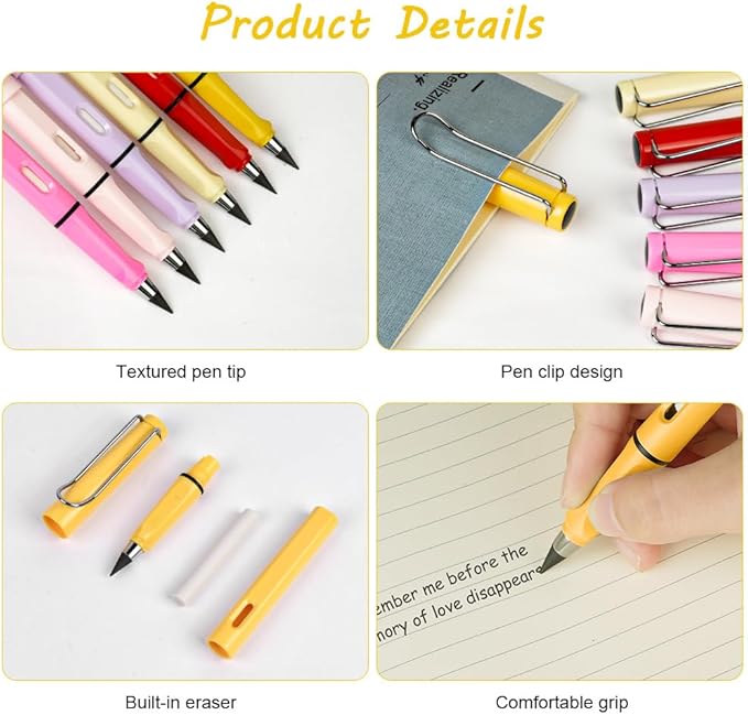 Ainiv Inkless Pencil Forever Pencil, 6 Sets Infinity Pencil Everlasting Pencil with Eraser, Reusable Infinite Pencil with Extra 6 Replaceable Nibs, Endless Pencil for Home Office School Supplies