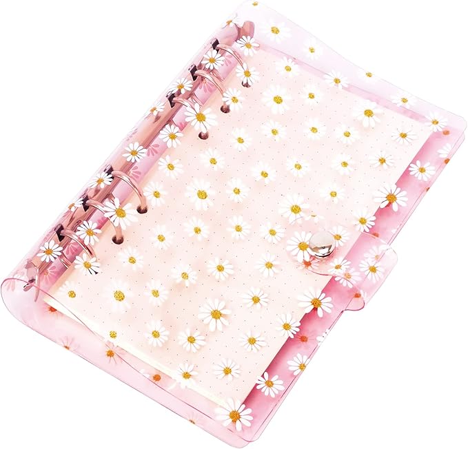 A6 A5 6-Holes Colorful PVC Cover Personal Organizer with Snap Button Closure File Folder for Loose Leaf Sheet Protectors Notebook Refill (Little Pink Daisy, A6 mini Set)