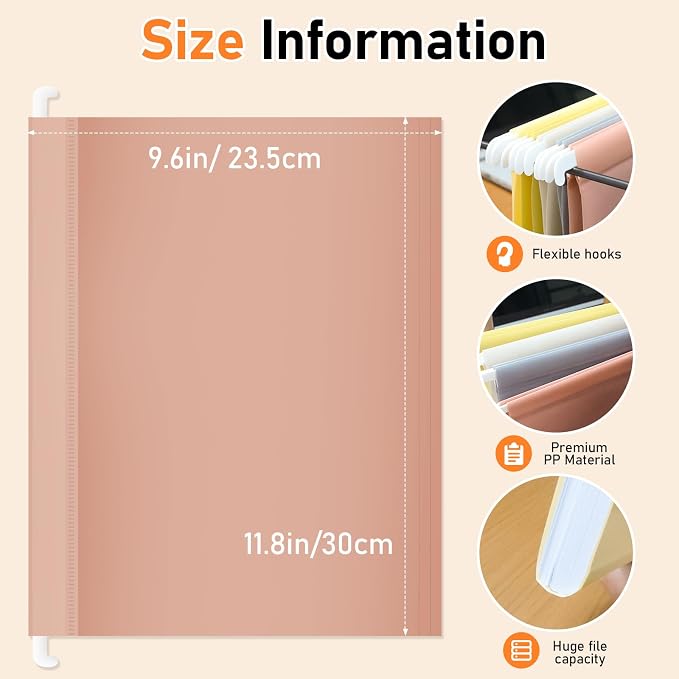 10 Pack Plastic Hanging File Folders, Letter Size (8.5"x11"), Assorted Colors with 1/5-Cut Tabs. Includes 10 Transparent Label Cards & 10 Sticker Labels – Perfect for Office & Filing Cabinets