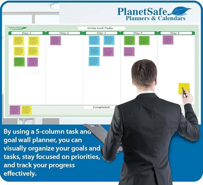 Earth Green 5-Column Dry-Erasable Task, Goals & Objectives Wall Organizer Planner 36" Tall x 75" Wide - Horizontal. Complete with Marker, Eraser and 200 Starter Sticky-Notes