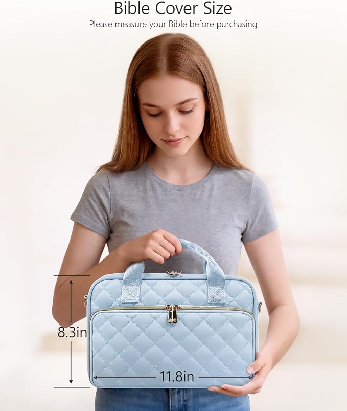 All-in-One Bible Journaling Kit – Quilted Bible Cover Case for Women, 31 Highlighters, 75 Tabs, Bible Study Supplies & Christian Gift for Women and Teens (Shoulder Strap, Grayishi Blue)