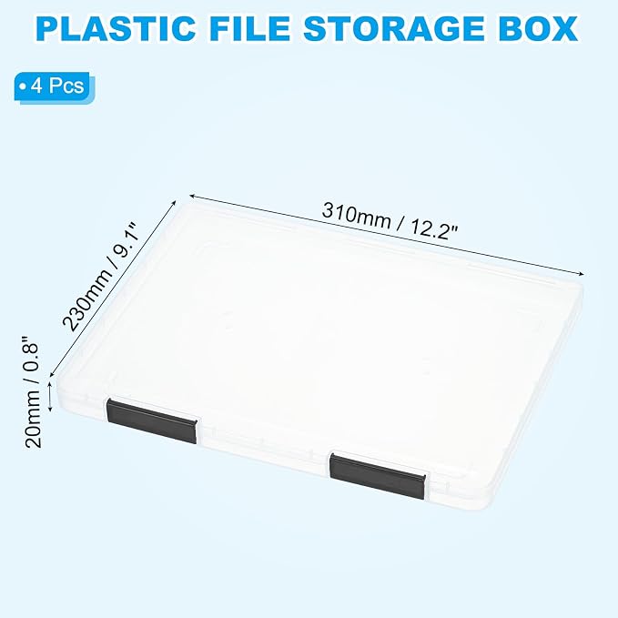 PATIKIL Clear A4 File Portable Project Case with Buckle Plastic Storage Box for 8.5" x 11" Letter Paper Scrapbook Paper Storage Boxes, 4Pcs, 12.2"x9.1"x0.8", Black