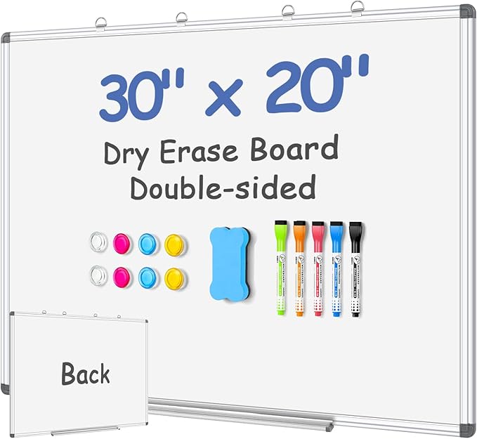 EAONE Magnetic Dry Erase Board for Wall 30” x 20”, Double Sided White Board, Silver Aluminum Frame Whiteboard Kit for Office Home School, with 1 Dry Eraser & 4 Magnetic Pins & 5 Multicolor Markers
