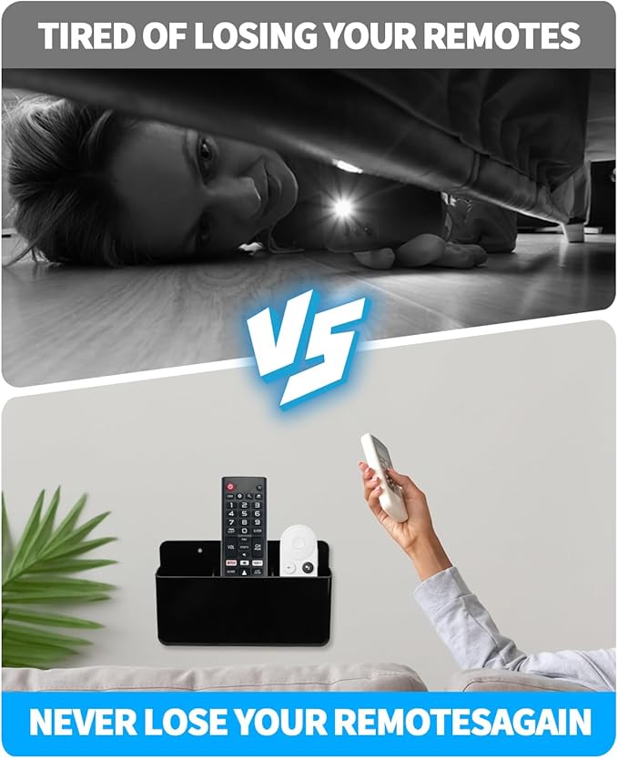 3 Slot Adjustable Remote Control Holder Wall Mount, Adhesive Remote Organizer for TV Controller with Hollow Bottom for Charging, Wall Pen Holder for Home Office School (Black, 1)
