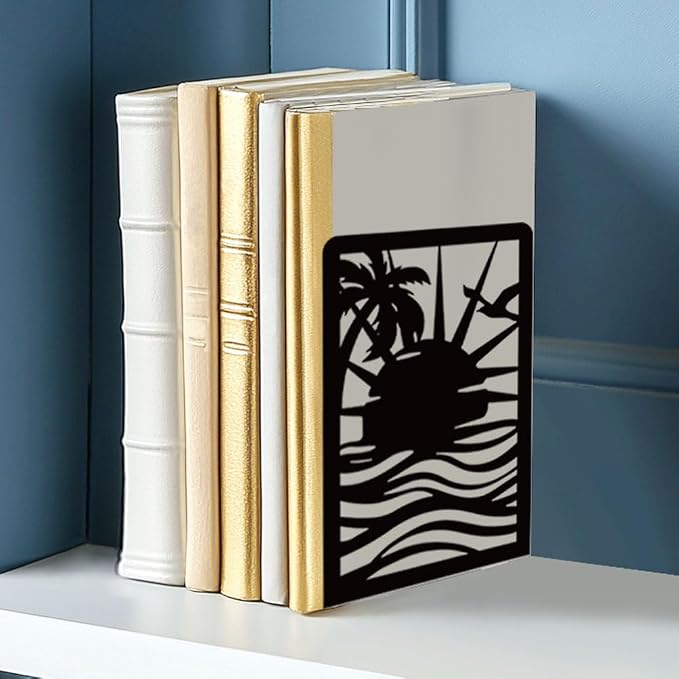 Sunrise Book Shelf Decorative Bookends for Shelves, Book Ends for Heavy Books, Black Beach Metal Bookends for Desk Organizer, Office Library Decor Decorative Books for Home Decor
