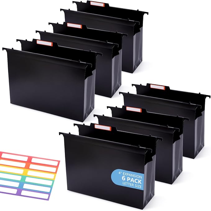 Plastic Extra Capacity Hanging File Folder Folders, 4" Expansion Hanging Organizer Designed for Bulky Files,Letter Size, Retractable Hooks,Movable Dividers, Insertable Tabs, 6 Pack