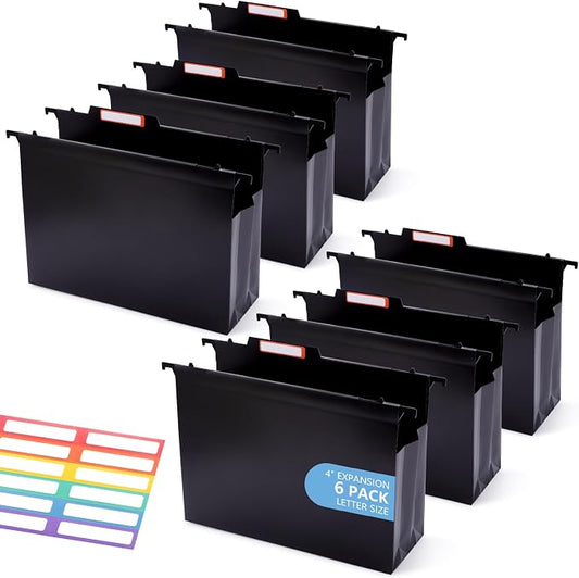 Plastic Extra Capacity Hanging File Folder Folders, 4" Expansion Hanging Organizer Designed for Bulky Files,Letter Size, Retractable Hooks,Movable Dividers, Insertable Tabs, 6 Pack