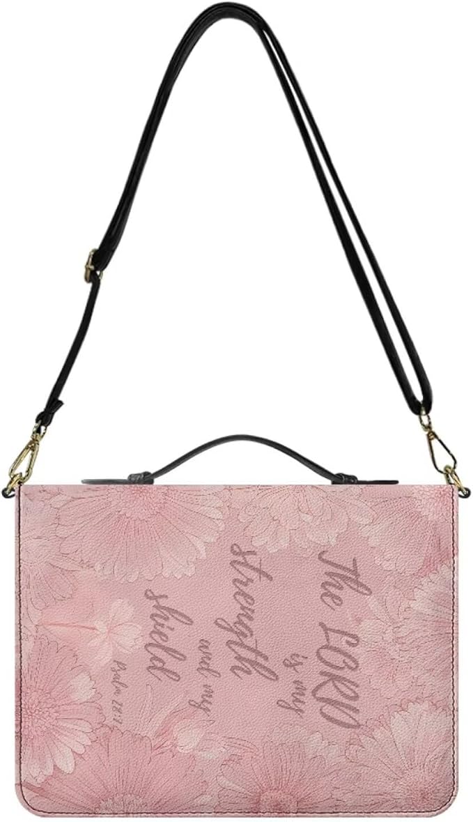 Large Bible Cases for Women, Pink Bible Cover Case with Strap and Handle, Psalm 28:7 Floral Print PU Leather Book Carrier with Inner Pockets and Pen Loop, Christian Gifts for Women