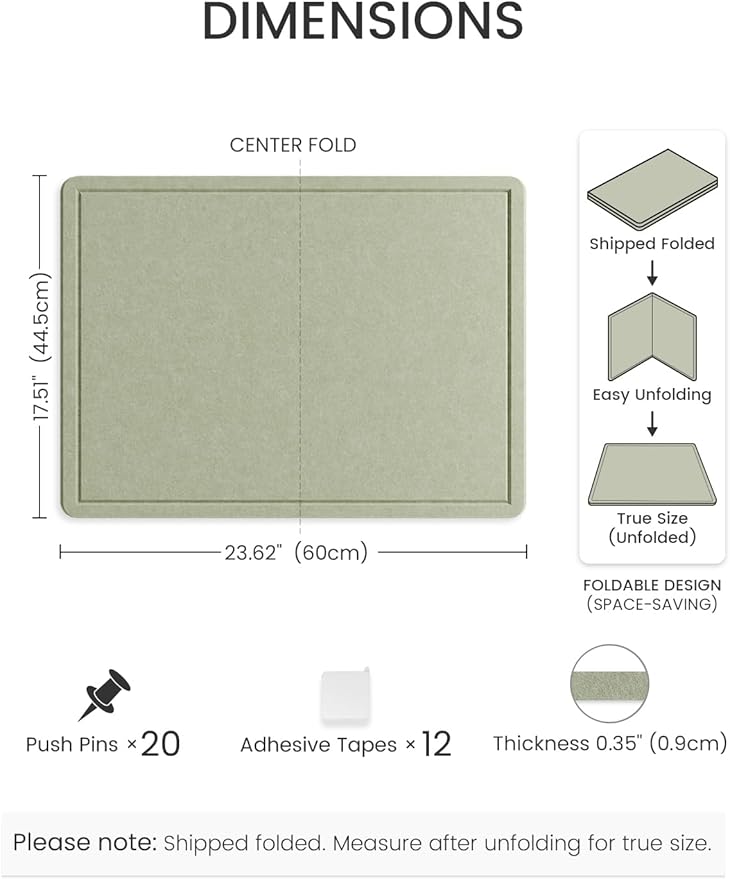 Fluxynara Bulletin Board, 23.6" x 17.5" Cork Board Alternative with 12 Safe Removable Adhesive Tabs, Foldable Felt Pin Board for Home Office, Classroom, Bedroom,Entryway for Walls—Sage